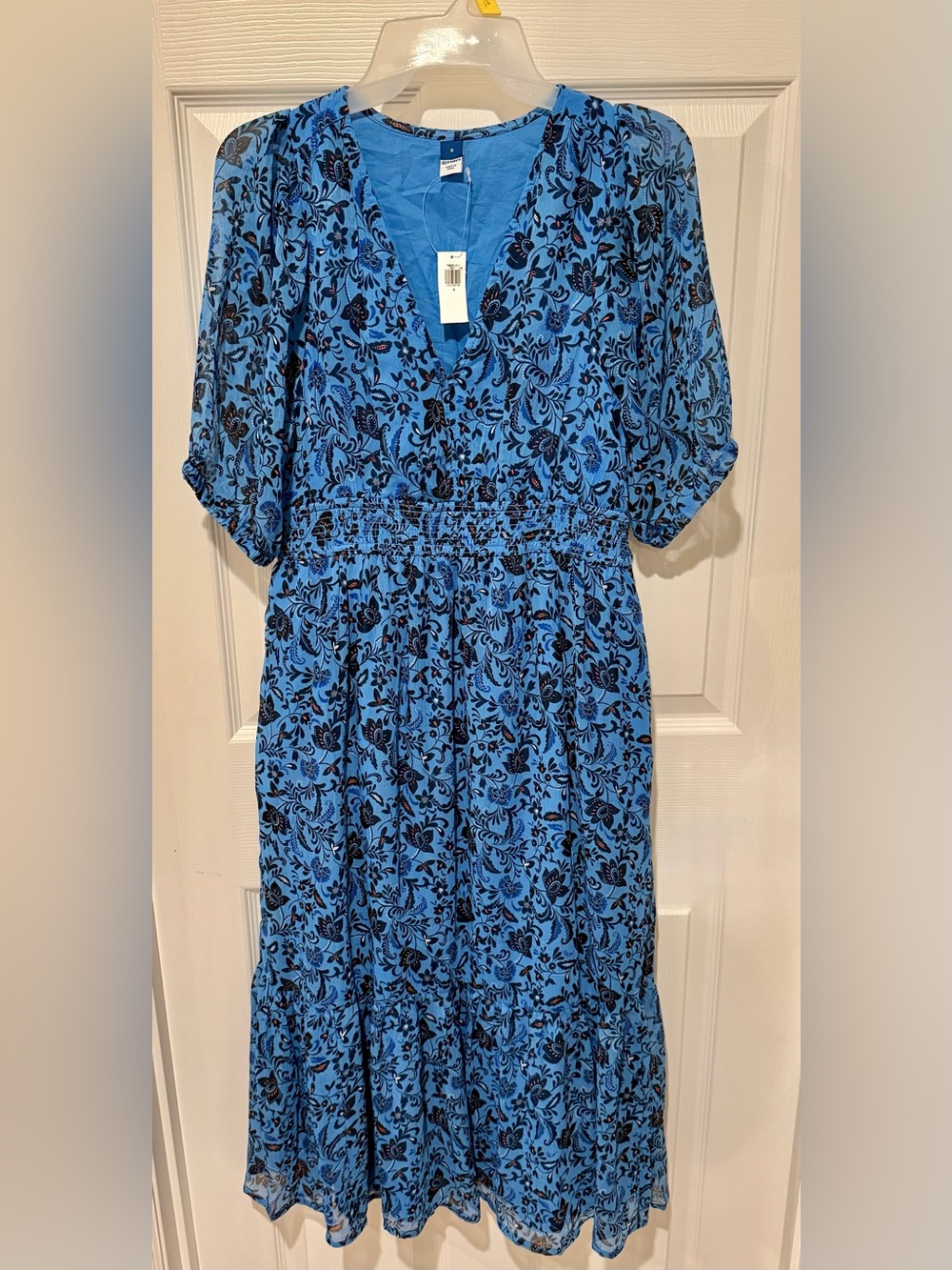 Old Navy Blue Floral Midi Dress Smocked Waist Tiered Chiffon NWT V Neck S